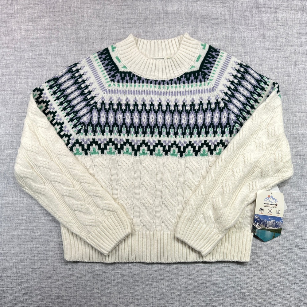 Mountain and Isles Fair Isle‎ Sweater Women Medium Cream Cable Knit Ski Cozy NEW